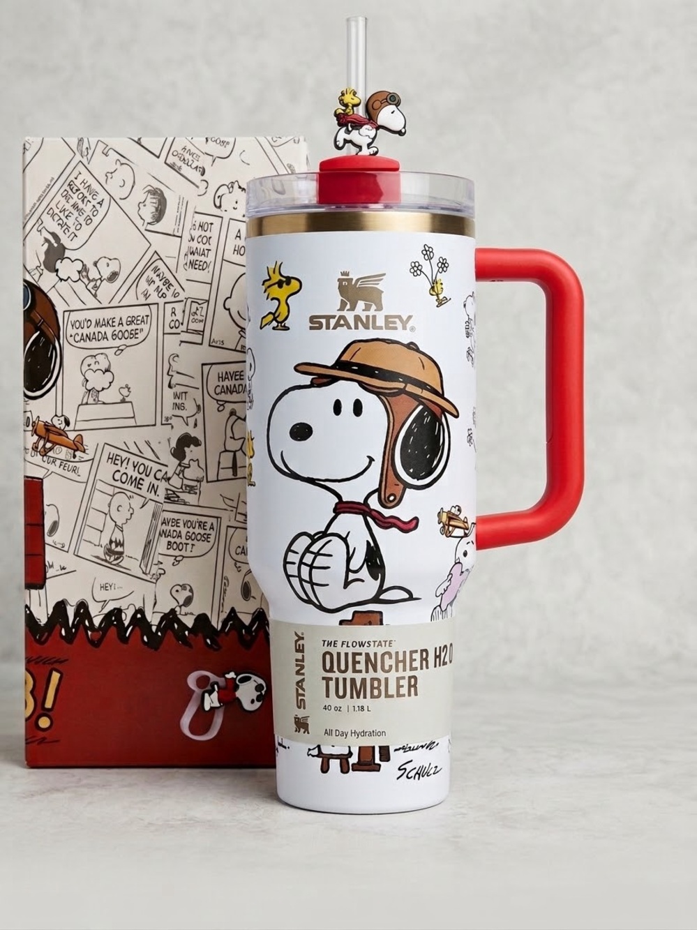 Stanley White Snoopy Quencher Tumbler with Red Handle gift box 40 ounce